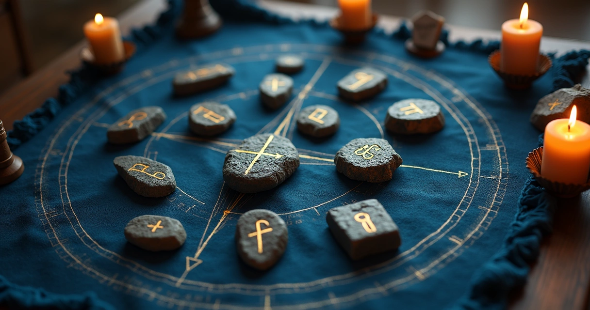Norse rune stones scattered on casting cloth 
