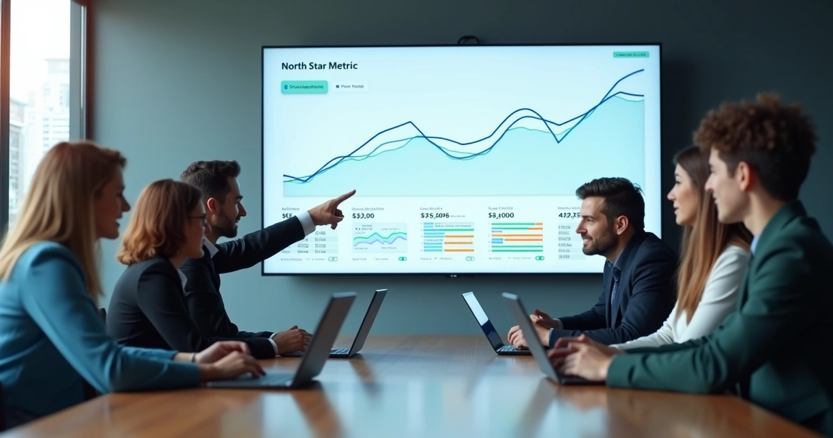 Painel digital mostrando north star metric e OKRs conectados 