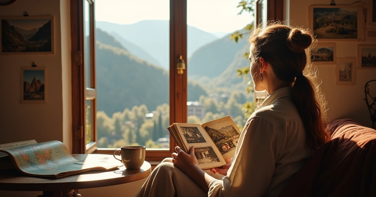 Woman gazing at mountain landscape holding travel photos 