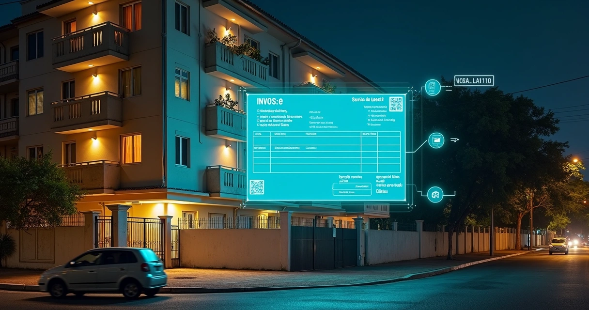 Fachada de prédio residencial à noite com projeções digitais de nota fiscal e tributos 