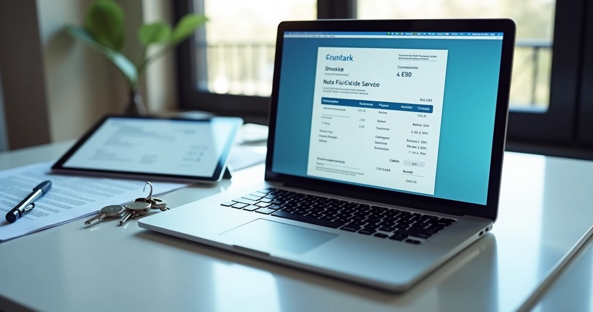 Recibo digital sendo emitido em computador, ao lado de contratos de aluguel digitalizados
