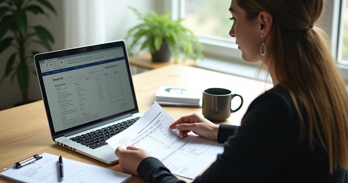 Mulher analisando nota fiscal ao lado de computador com códigos fiscais na tela 