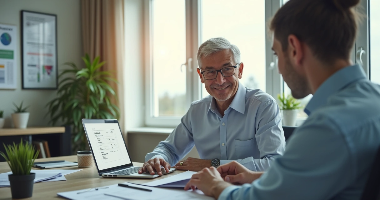 Psicólogo digitalizando nota fiscal em consultório com notebook e documentos 