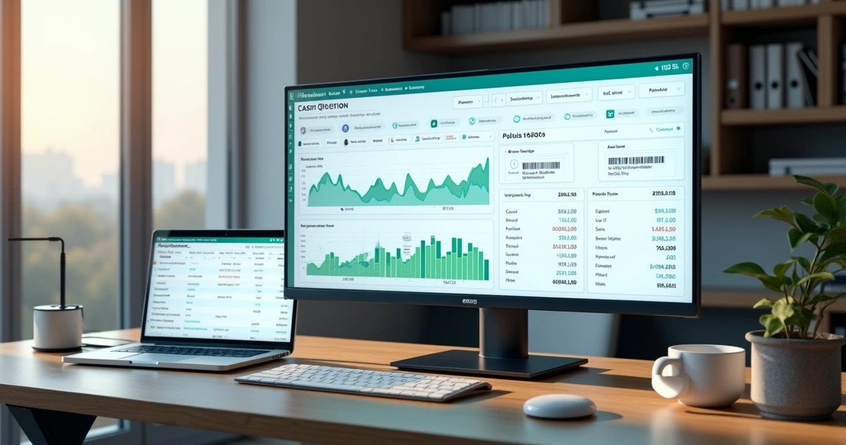 Dashboard financeiro digital com nota fiscal eletrônica integrada na tela principal 