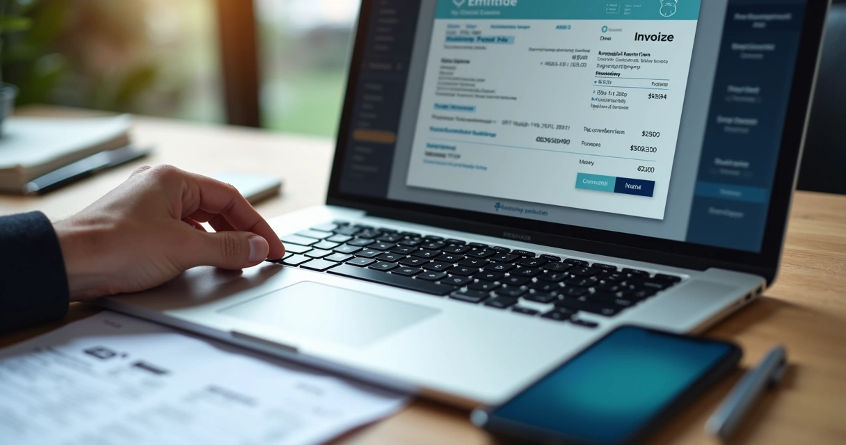 Processo de emissão digital de nota fiscal em notebook 