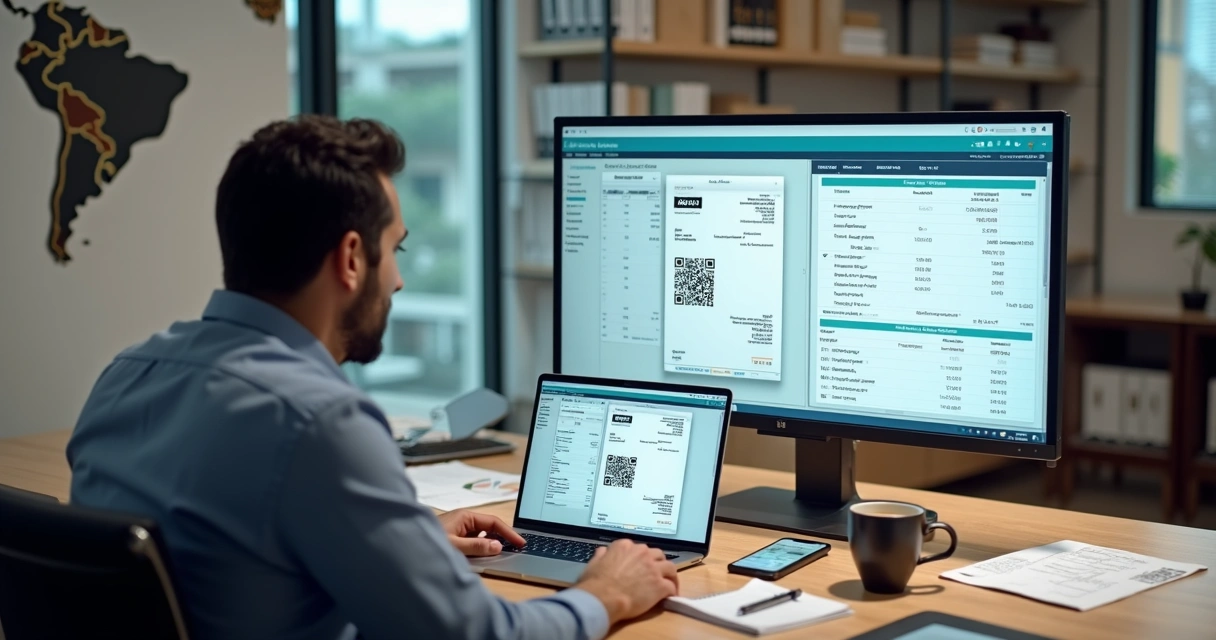 Empresário analisando nota fiscal eletrônica em dashboard de ERP no notebook 