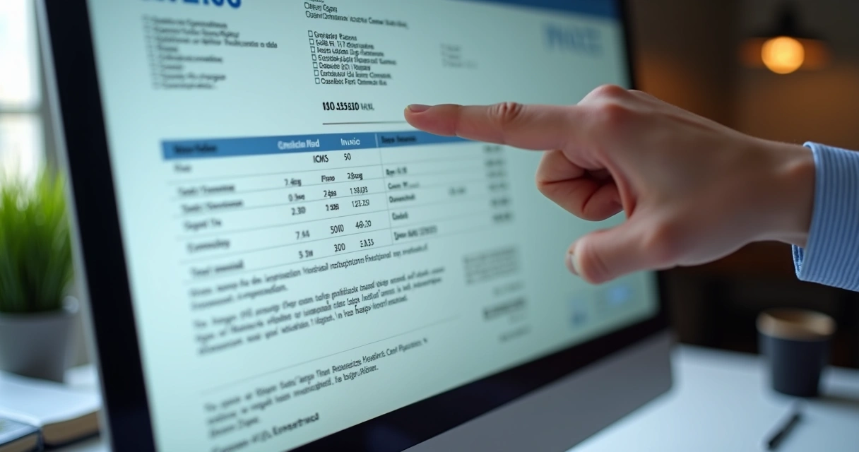 Nota fiscal eletrônica aberta em computador, demonstrando destaque do ICMS em SC 