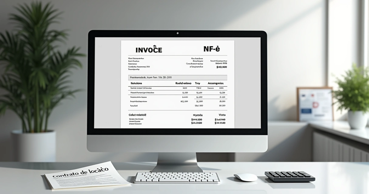 Modelo ilustrativo de nota fiscal eletrônica em tela de computador ao lado de contrato 