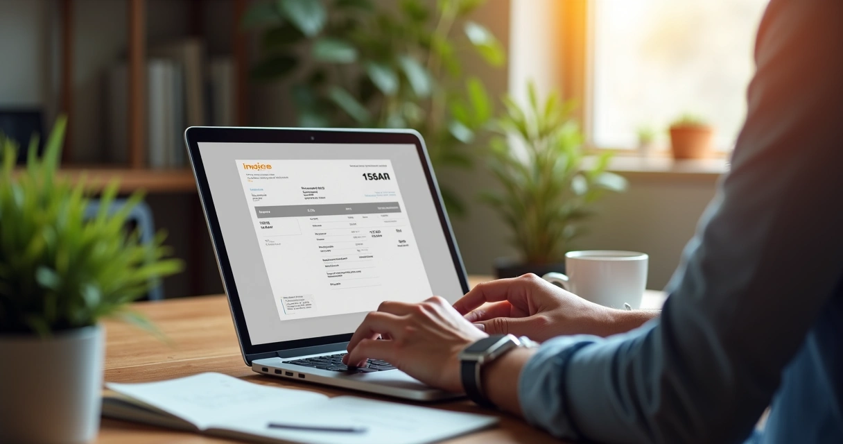 Empresário emitindo nota fiscal eletrônica em notebook 