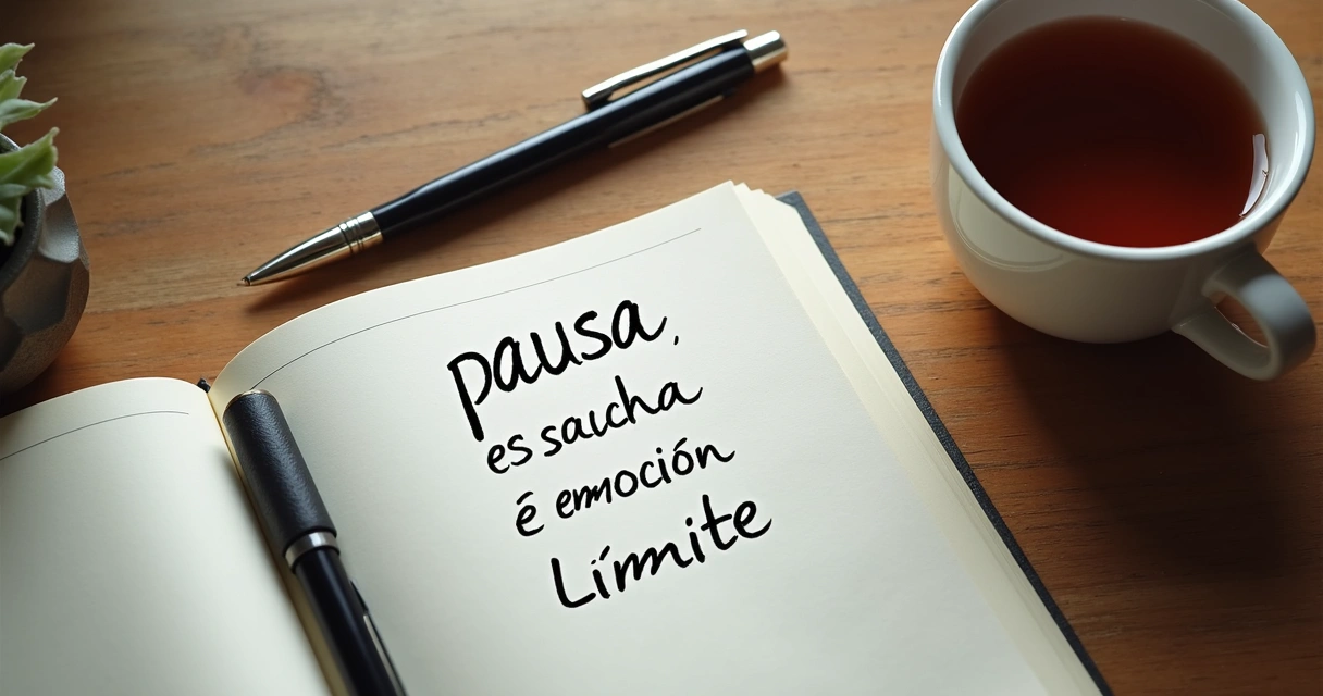 Cuaderno con notas y taza sobre mesa antes de una conversación