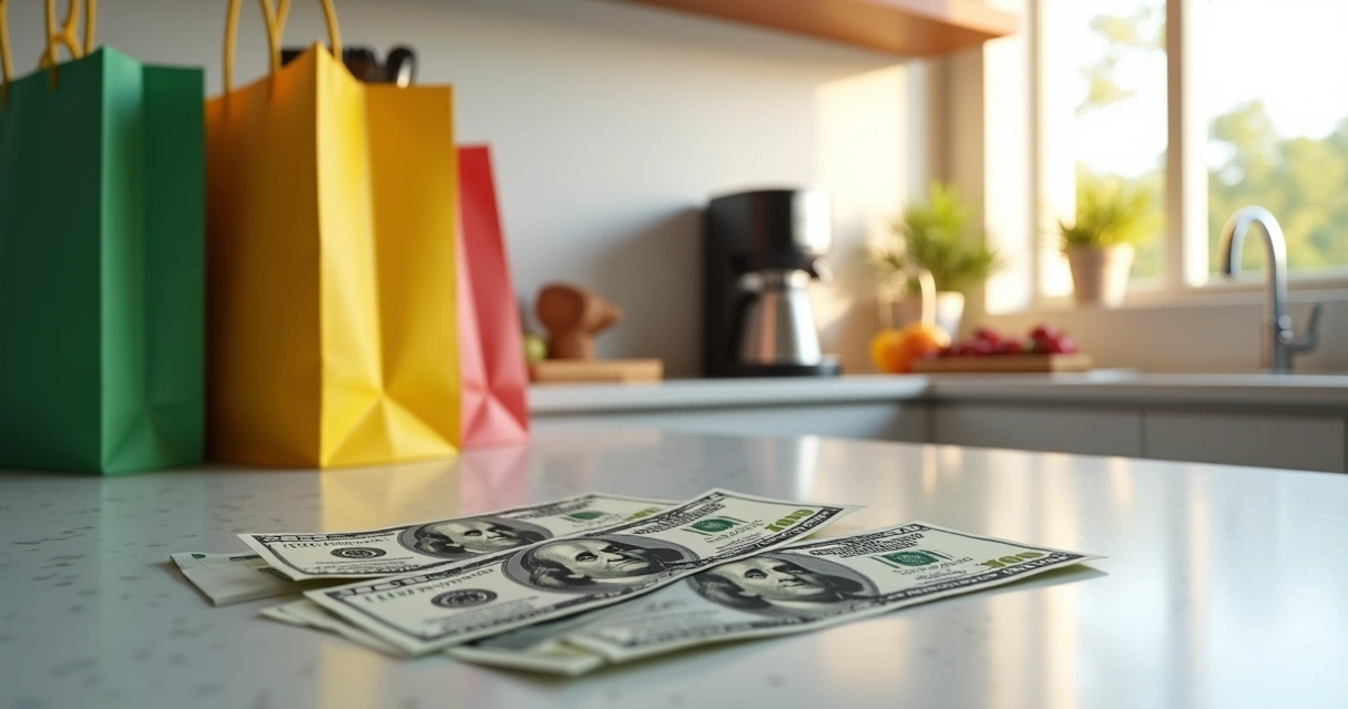 Notas de dólar e sacolas de supermercado sobre bancada de cozinha equipada 