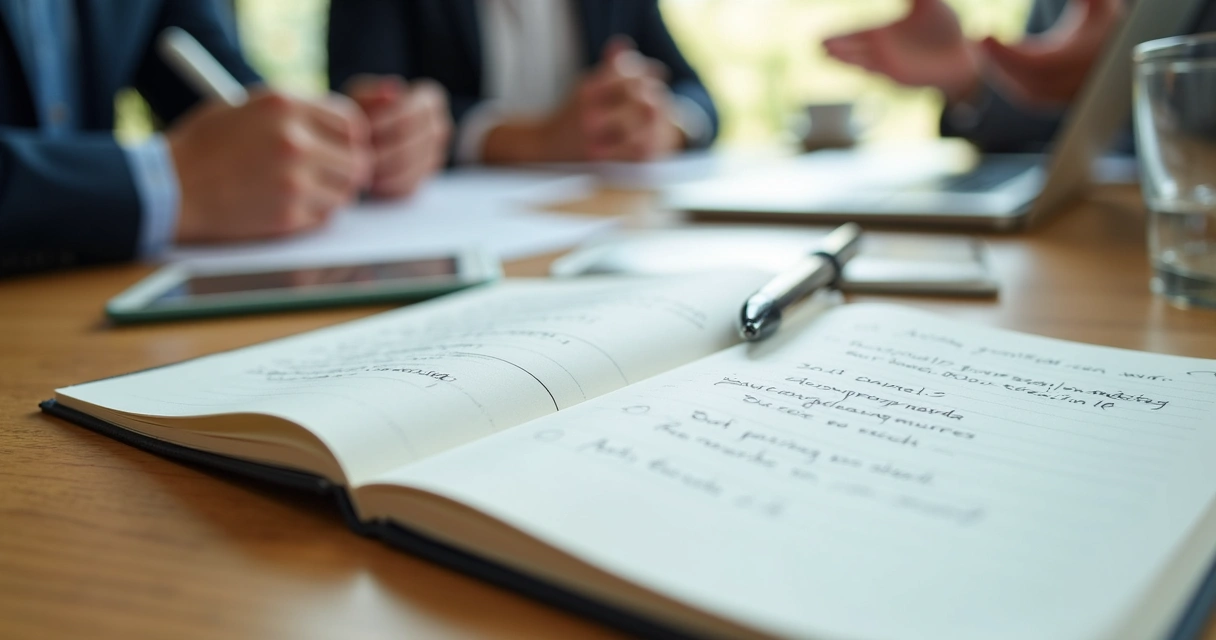 Cuaderno con notas de acuerdos durante una reunión laboral