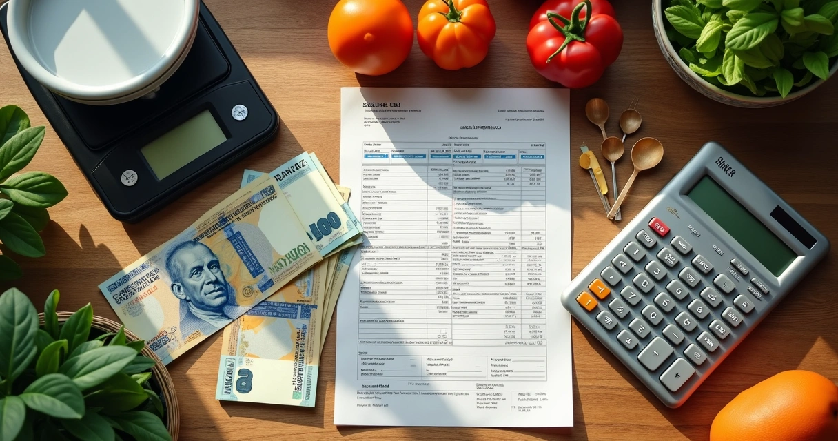 Calculadora e notas ao lado de ingredientes na cozinha. 