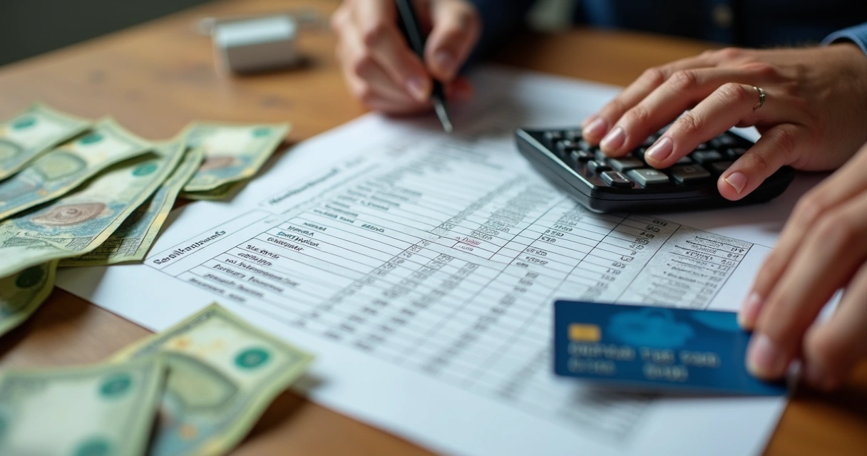 Notas de dinheiro, cartões e tabela de gastos sobre uma mesa