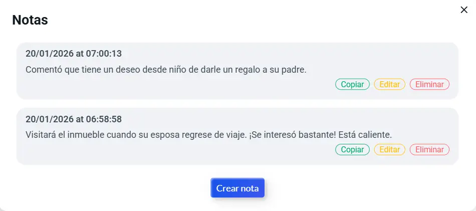 Notas de cliente con fechas y botones para copiar, editar y eliminar