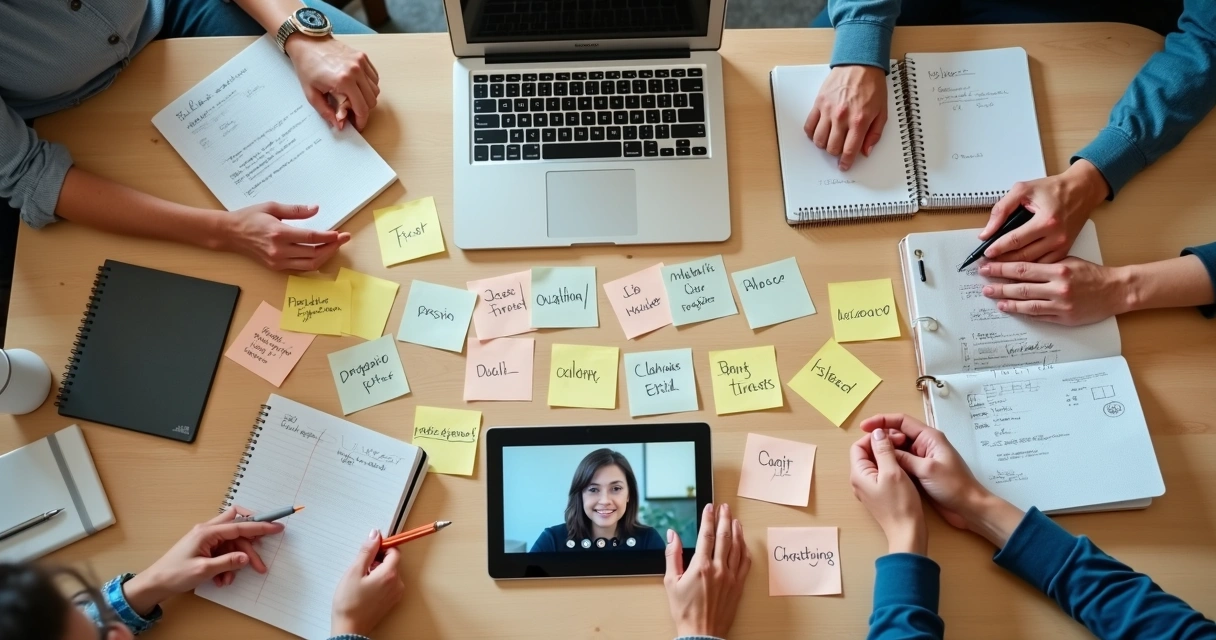 Notas de reunión y manos en mesa de trabajo 