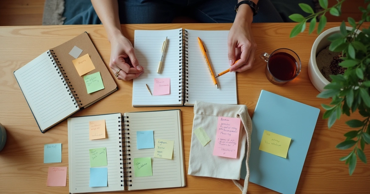 Mesa de trabajo con notas adhesivas, cuadernos y manos escribiendo tras una pausa consciente