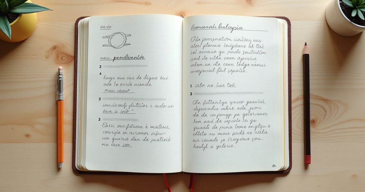 Cuaderno abierto con notas escritas y lápiz a un lado, sobre una mesa de madera clara. 