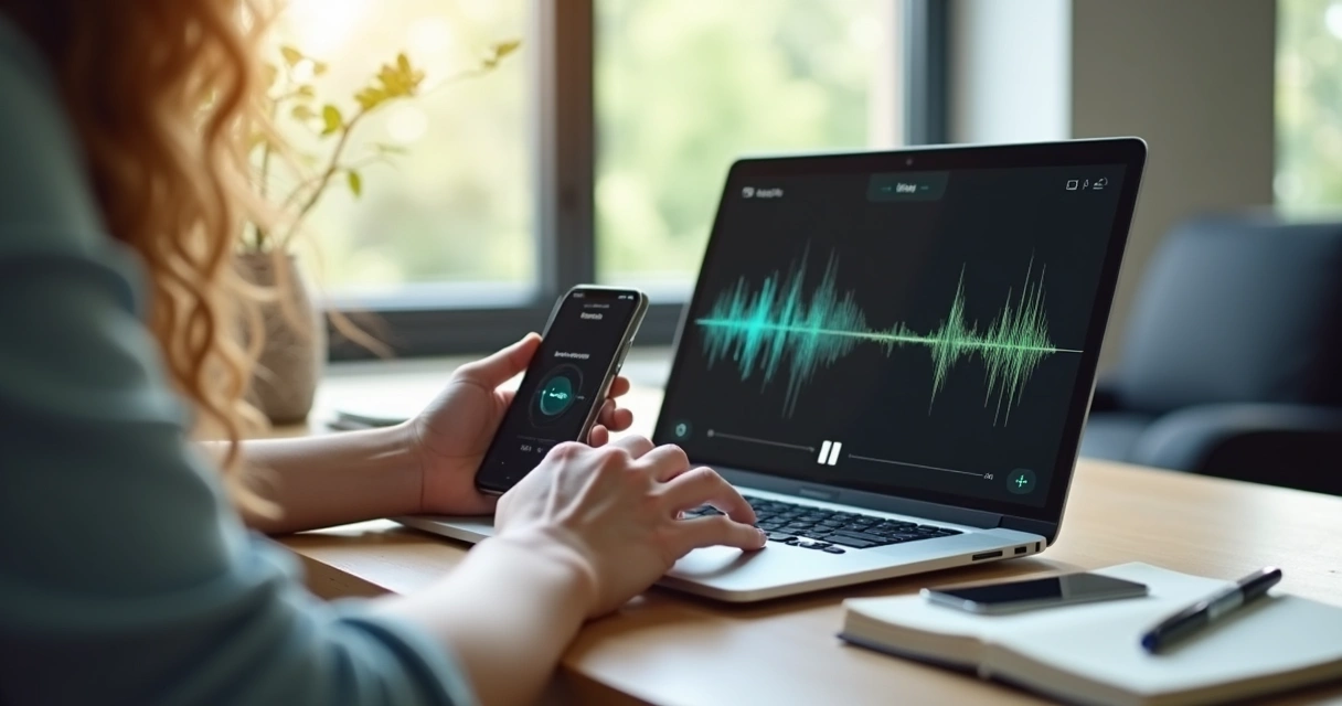 Profissional digitando texto ao escutar áudios em laptop e celular 