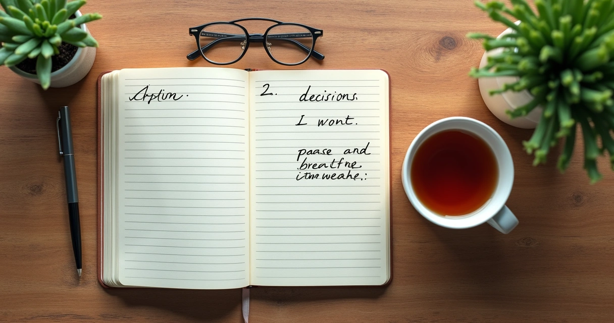 Cuaderno con lista de opciones y pausa de reflexión