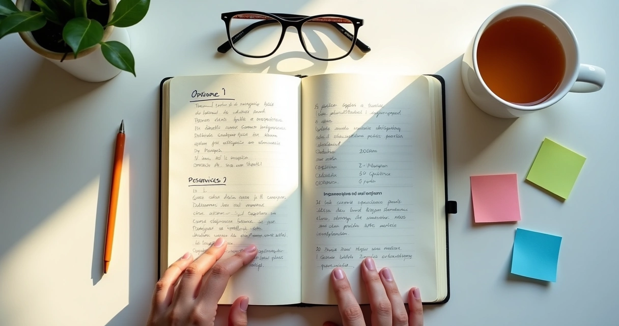 Cuaderno con lista de emociones y opciones de decisión