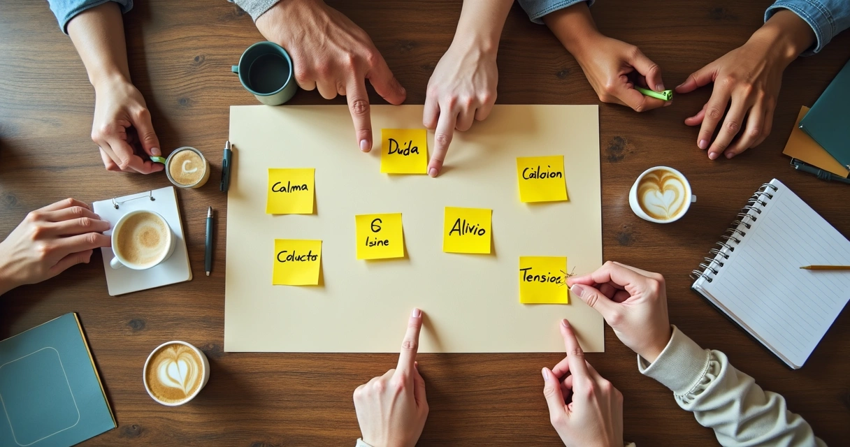 Notas de emociones y acuerdos en mesa de trabajo