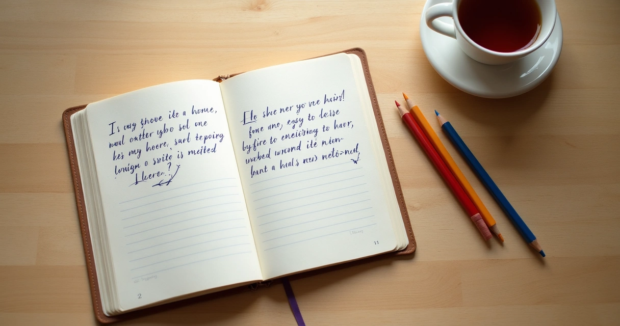 Cuaderno con notas emocionales sobre mesa de casa 