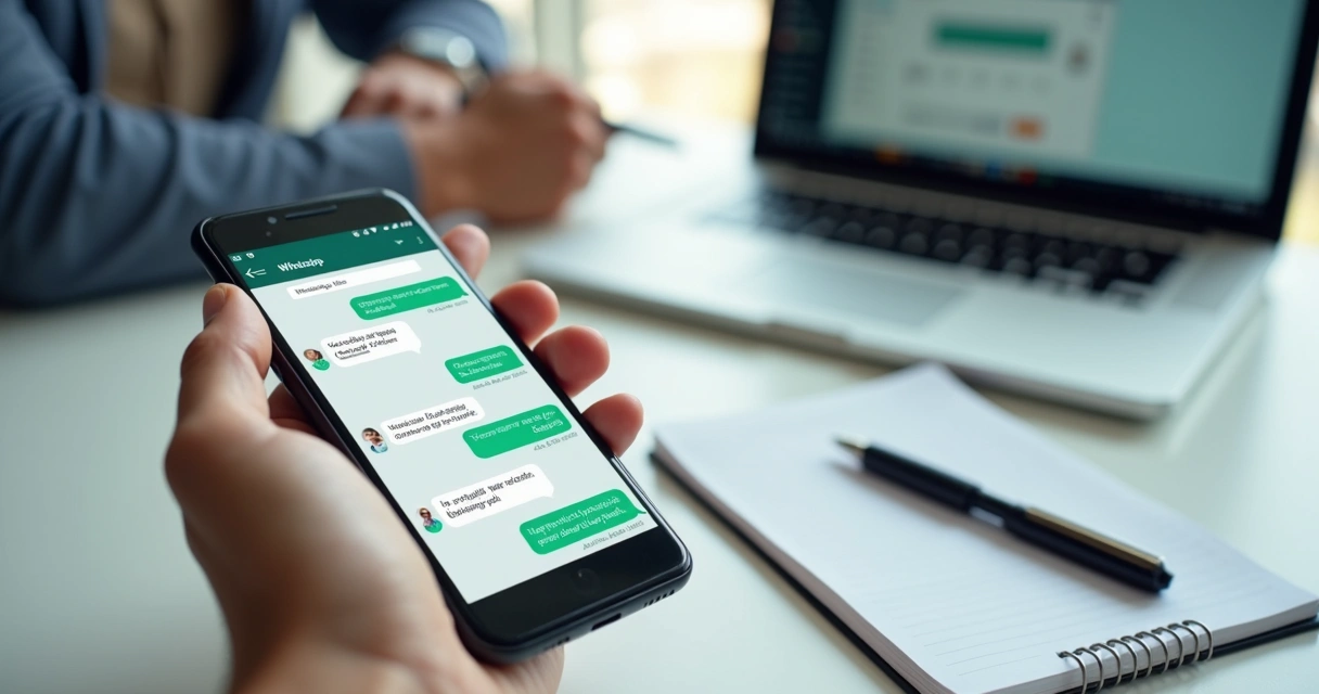 Tela de celular mostrando chat de WhatsApp com vendedor digitando nota de atendimento, ao lado um notebook aberto em sistema de CRM, papel e caneta 