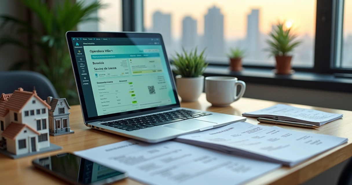 Mesa de escritório com nota fiscal de aluguel digital e prédios em miniatura ao fundo 