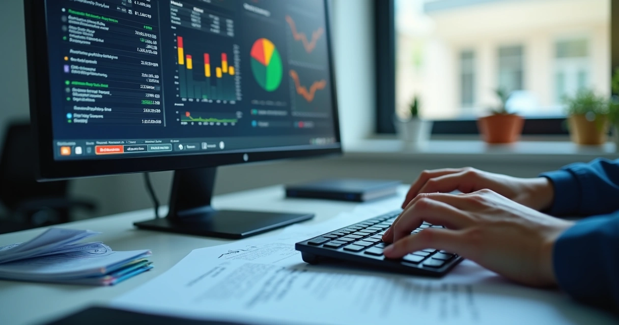 Notas fiscais e gráficos sendo analisados em tela de computador 