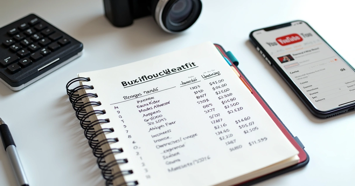Caderno com anotações financeiras, contrato de prestação de serviço, e uma câmera de vídeo ao lado 