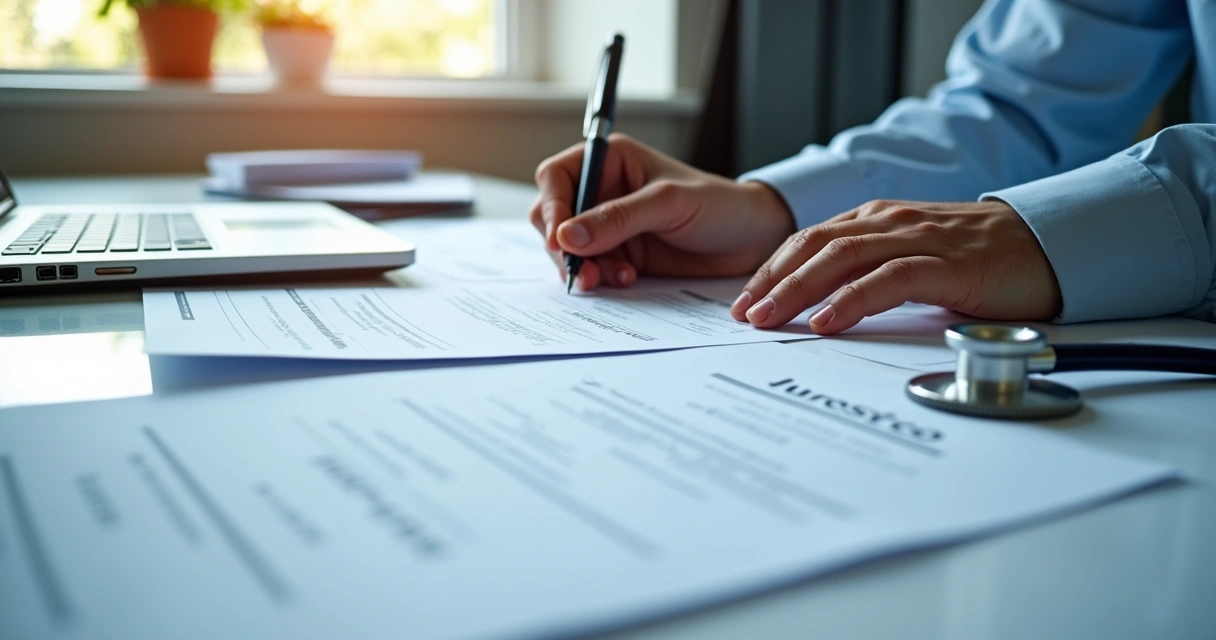 Várias notas fiscais organizadas sobre uma mesa de escritório 