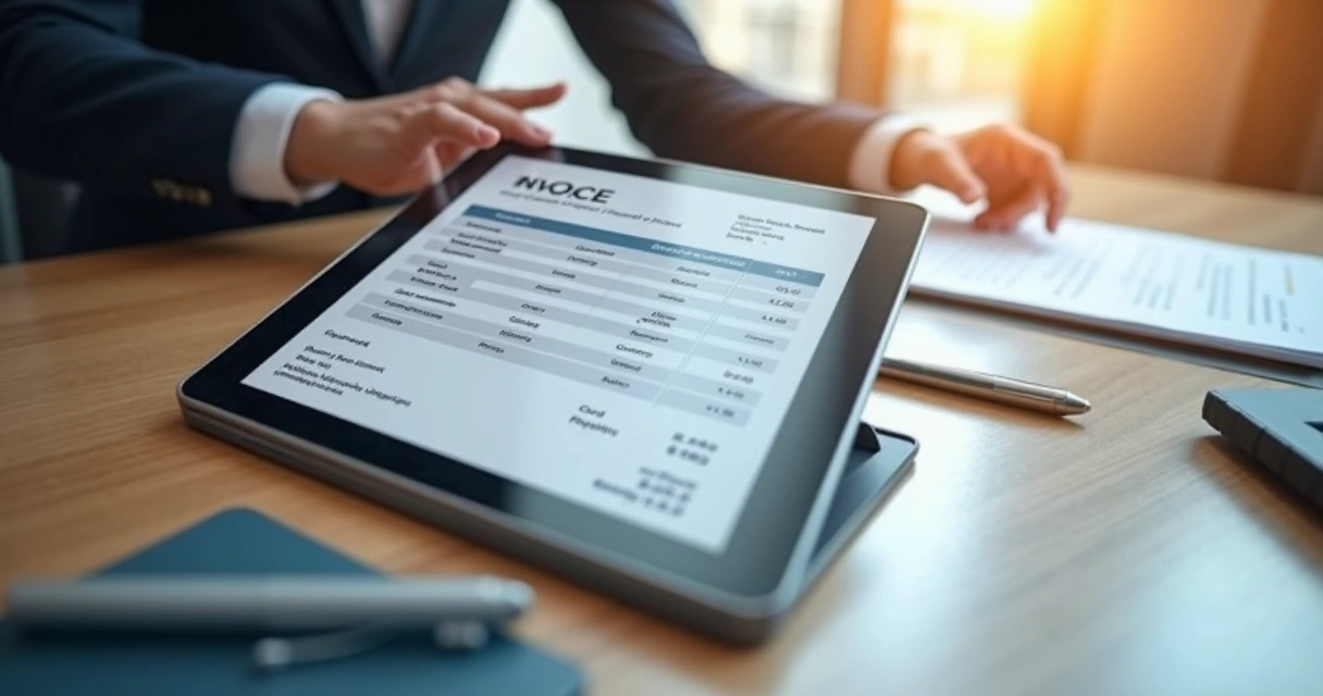 Nota fiscal digital aberta em tablet sobre mesa de escritório