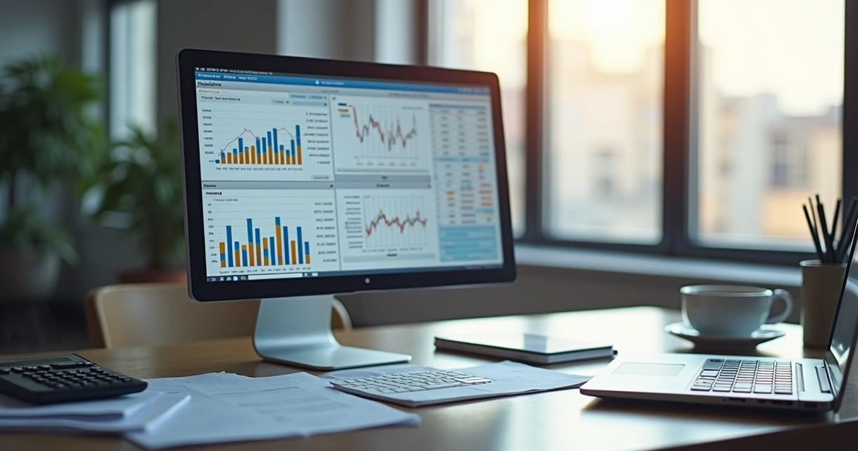 Notas fiscais digitais em tela de computador com gráficos e dados fiscais ao fundo 