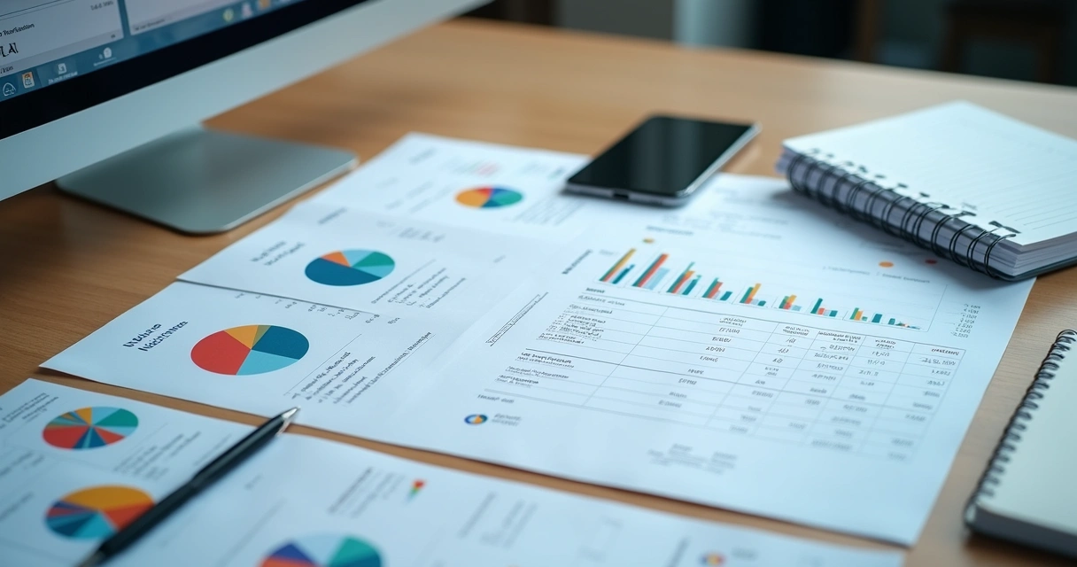 Notas fiscais eletrônicas em papel sobre uma mesa com gráficos coloridos ao fundo 