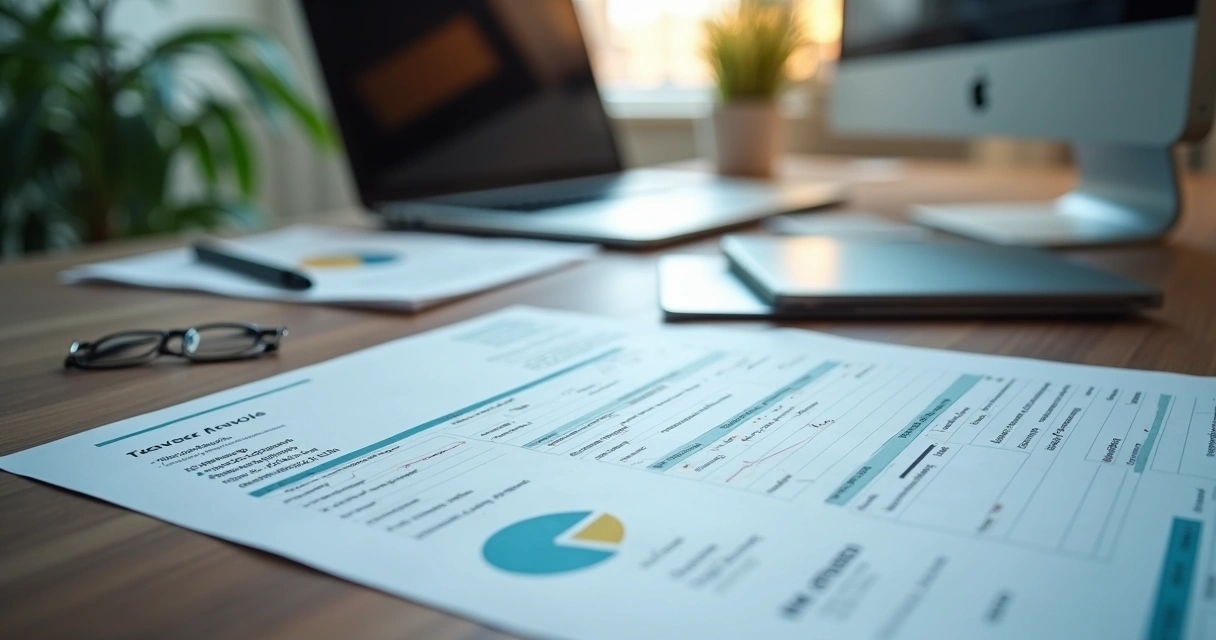 Documentos fiscais e notas fiscais sobre mesa com gráficos 