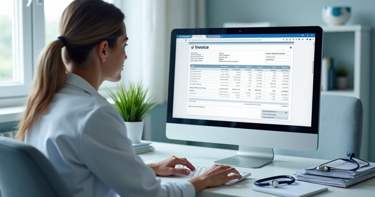 Profissional da saúde usando computador para emitir nota fiscal digital 