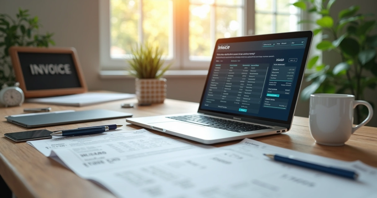 Mesa de escritório com várias notas fiscais eletrônicas e um notebook aberto 