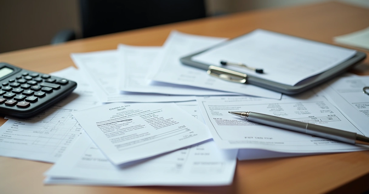 Notas fiscais e documentos de petshop sobre uma mesa de escritório 