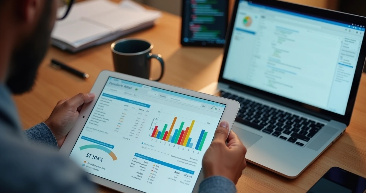 Pessoa de tecnologia analisando notas fiscais digitais em um notebook, gráficos coloridos na tela, caneta e café ao lado