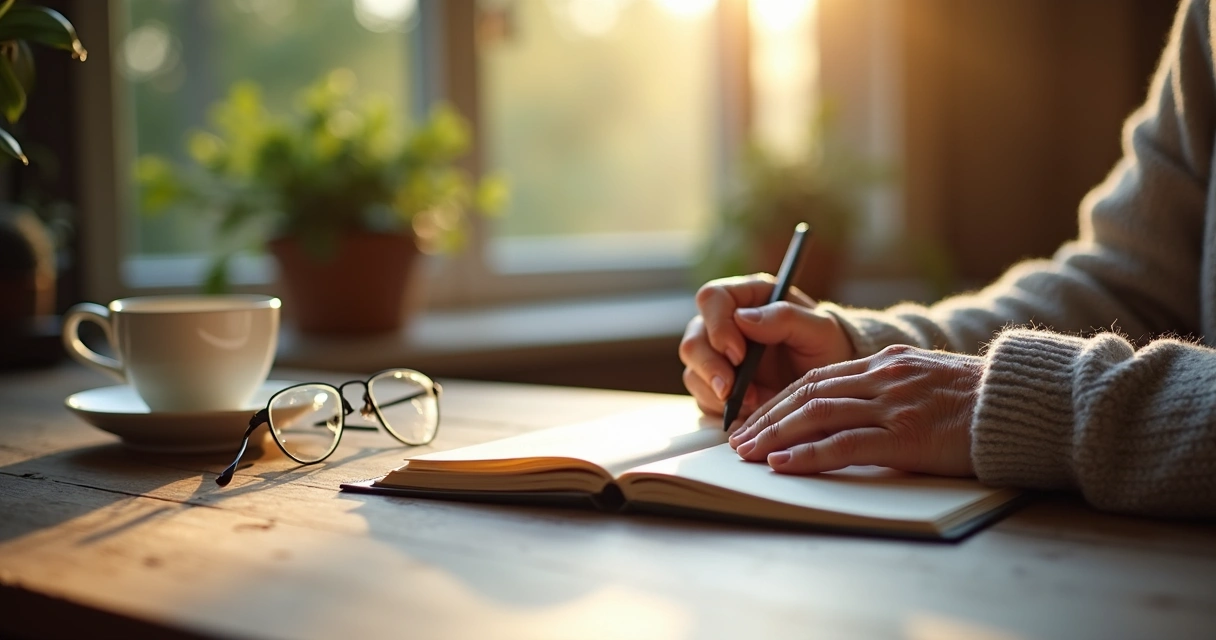 Manos de adulto mayor escribiendo en cuaderno después de meditar 