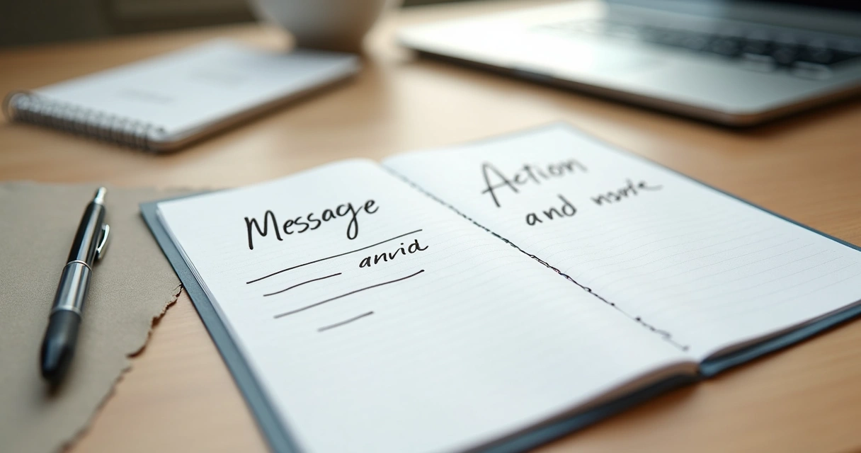 Notas con palabras mensaje y acción alineadas sobre un escritorio de trabajo 