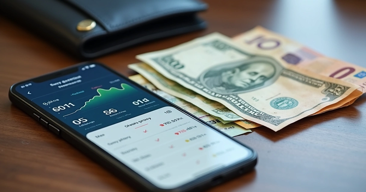 Notas de diferentes moedas e carteira em uma mesa ao lado de um celular 