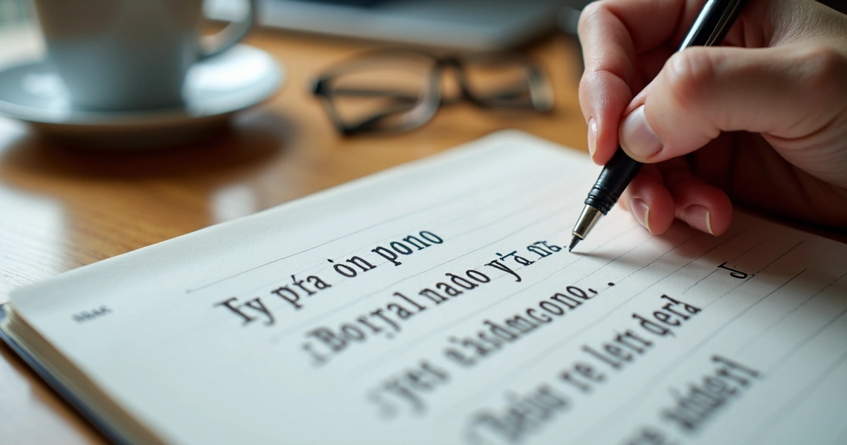 Mano escribiendo en cuaderno frases sobre trabajo 