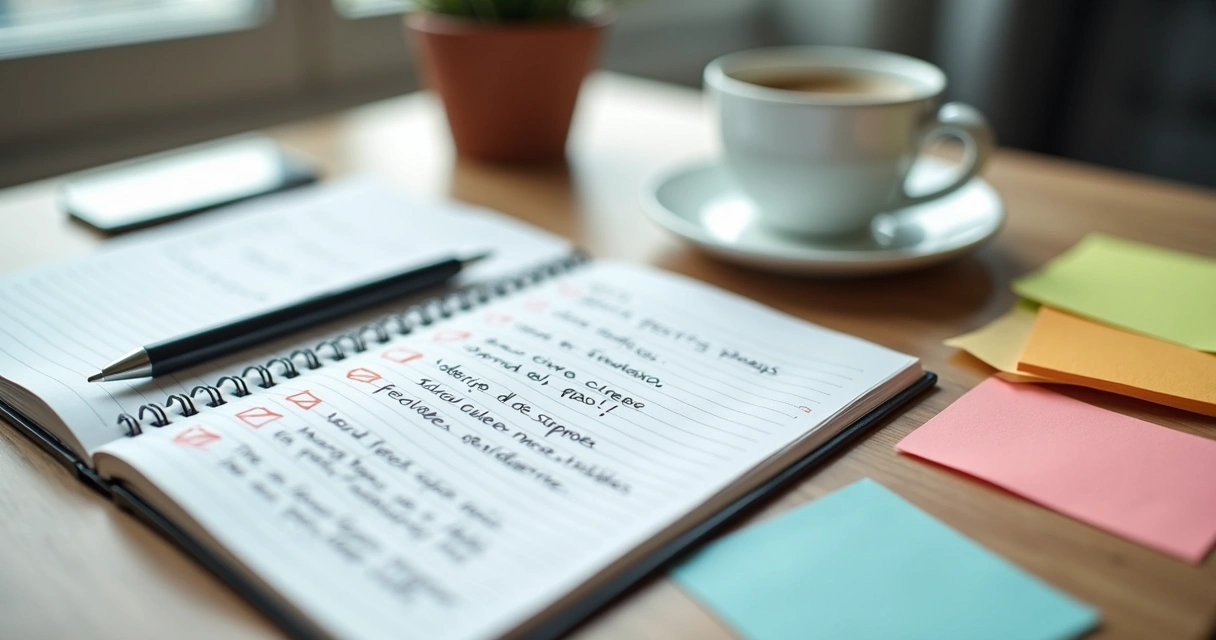 Cuaderno con plan de acción y notas de seguimiento