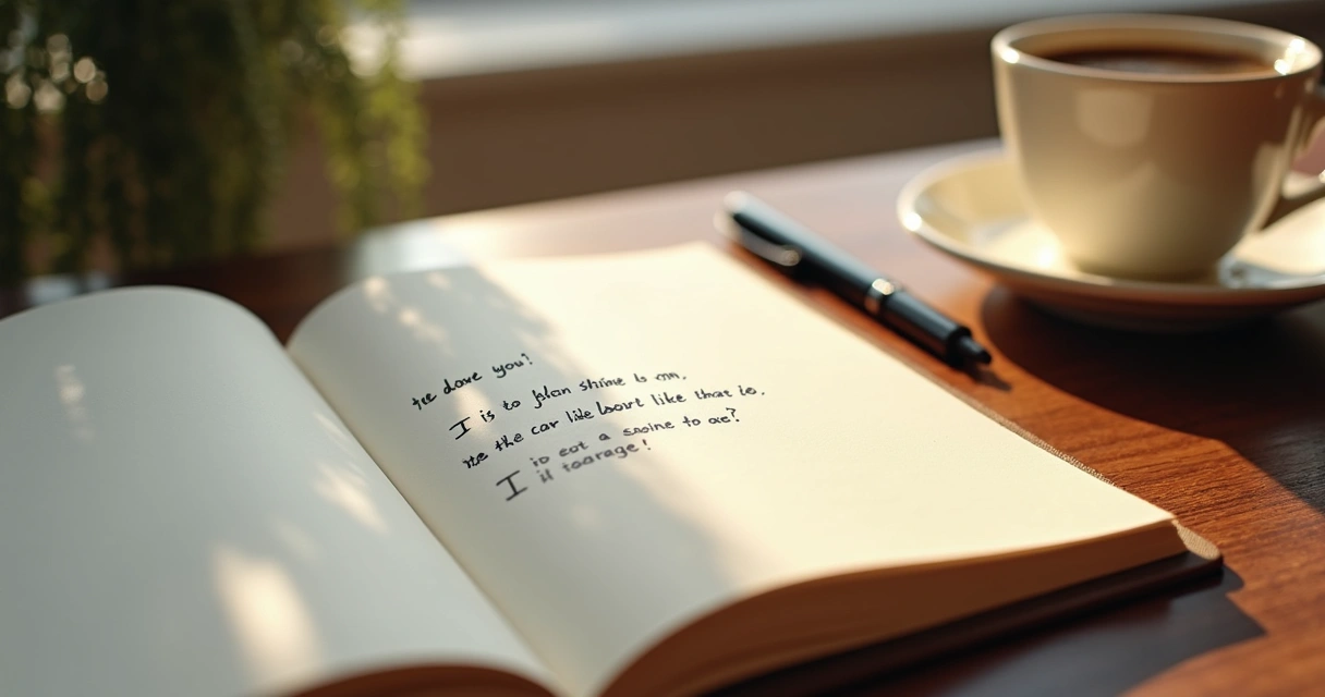 Bloco de notas ao lado de uma xícara de café, frases curtas escritas à mão 