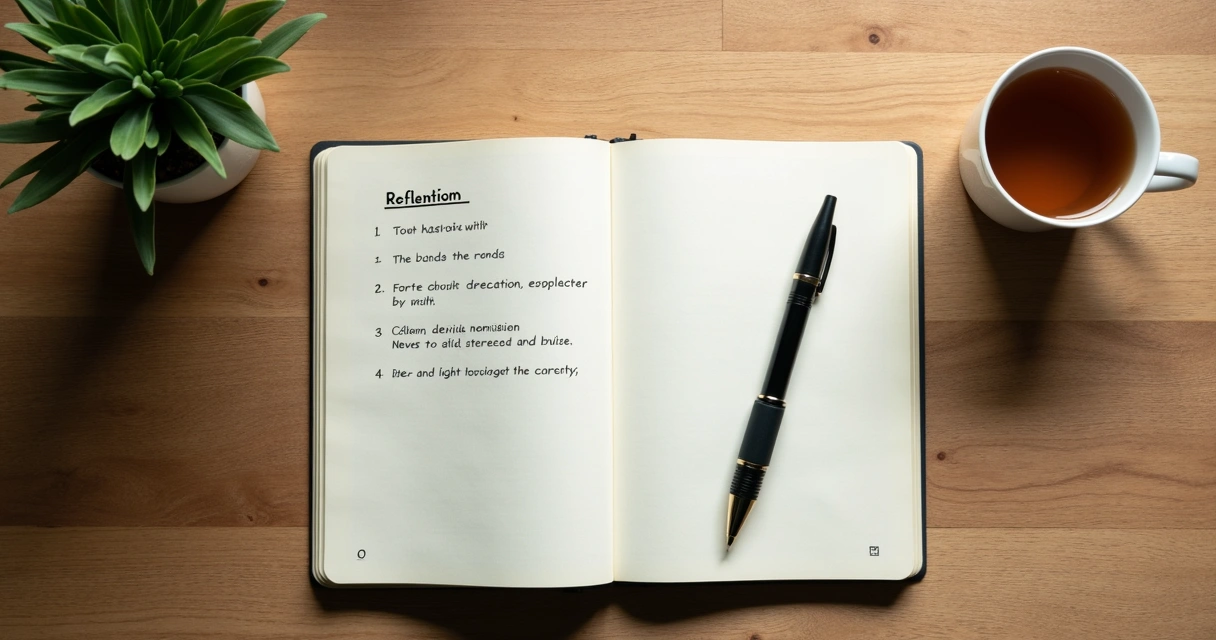Cuaderno con notas de mentoría junto a una taza y una planta