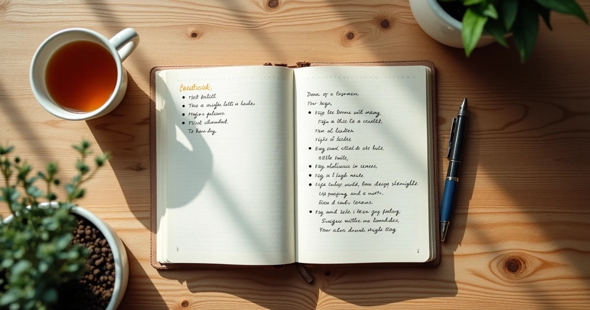 Cuaderno con notas de retroalimentación y bolígrafo sobre escritorio 