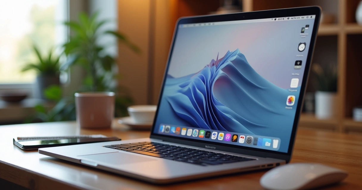 Tela de MacBook com notch exibindo widgets e atalhos de produtividade 