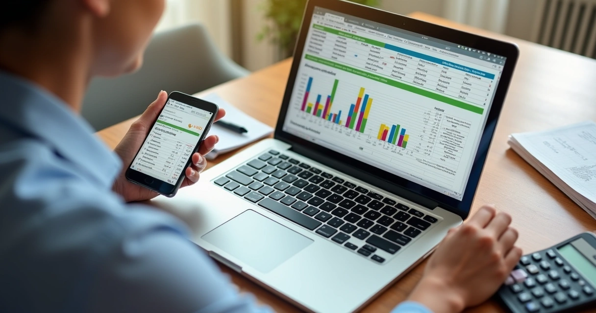 Análise de planilha financeira em notebook com notificações de ofertas ao lado 